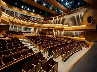 A large auditorium filled with rows of wooden seats.