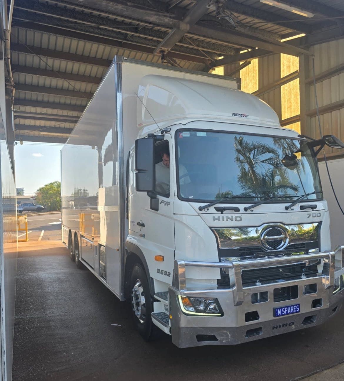 White Hino Truck With a Custom Box Body, Parked Under a Shelter — Ezyas Car Wash NT in Yarrawonga, NT