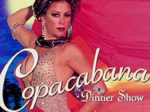 Woman in a shimmering gown and jewelry, posing for the Copacabana Dinner Show ad.
