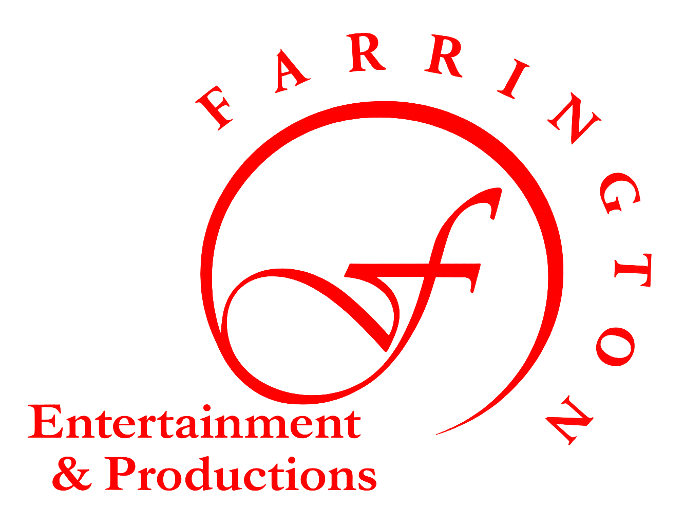 Red logo for Farrington Entertainment & Productions featuring a stylized 'f' inside a circle, with company name around it.