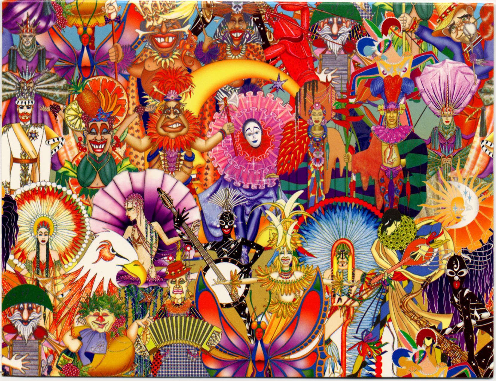 Colorful carnival scene; costumed figures, masks, and musicians, with vibrant details and textures.