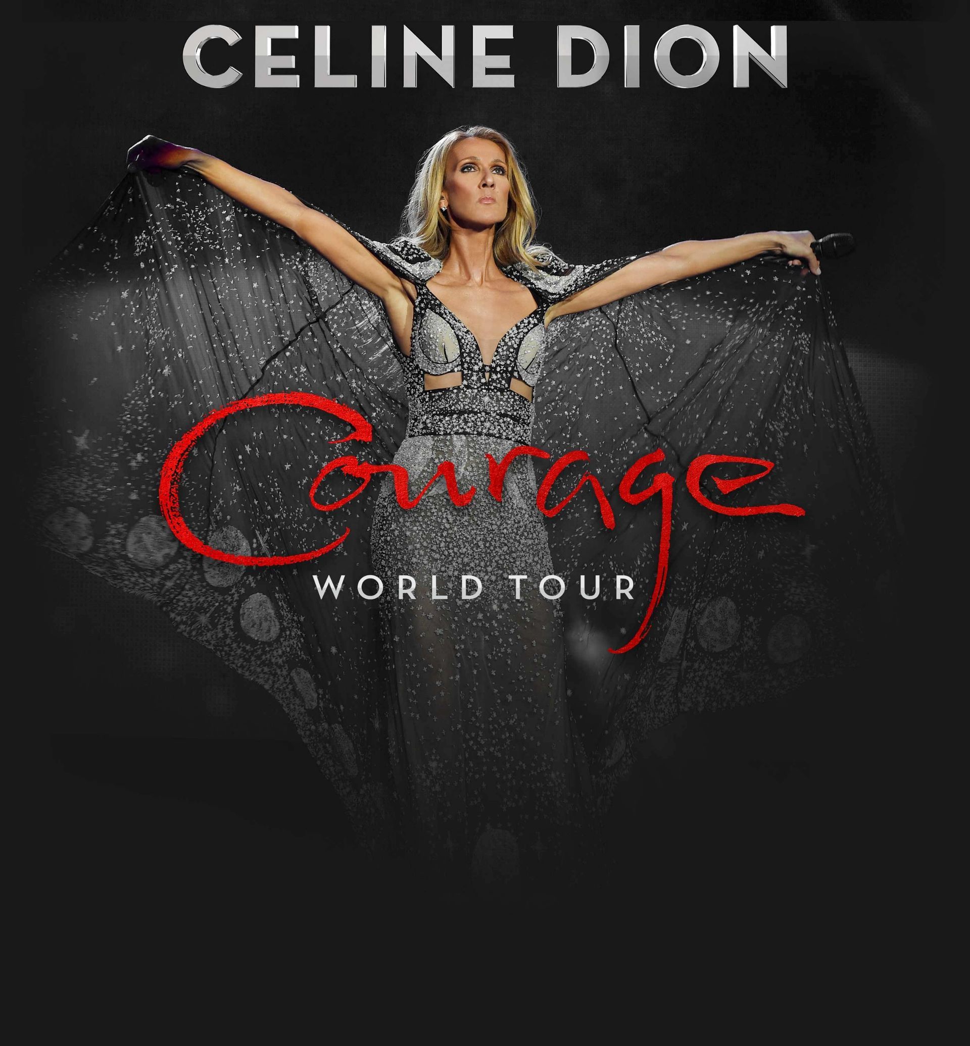 Celine Dion, spreading arms, wearing a sparkling gown,