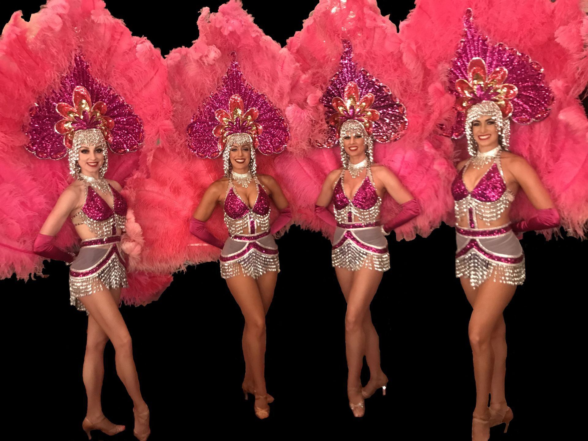 Four showgirls in sparkling pink costumes and large feathered headdresses.