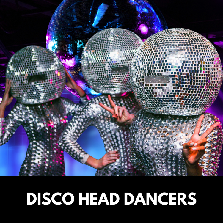 Three people with disco ball heads pose, wearing sparkly suits and making peace signs.