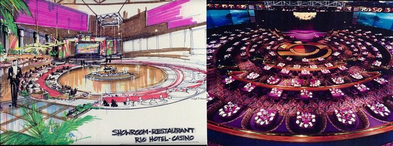 Architectural rendering and photo comparison of the Sahara showroom at the Sahara Hotel-Casino.