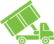 Green dump truck icon with tilted cargo bed and wheels