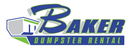 Baker Dumpster Rental logo with blue text and a gray dumpster icon