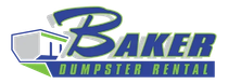 Baker Dumpster Rental logo with blue text and a gray dumpster icon