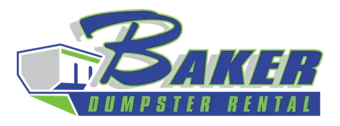 Baker Dumpster Rental logo with blue text and a gray dumpster icon