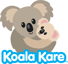 Gray koala hugging a smaller, light brown koala;