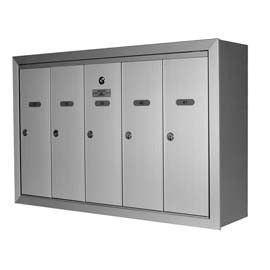 Silver mailboxes with six individual compartments.