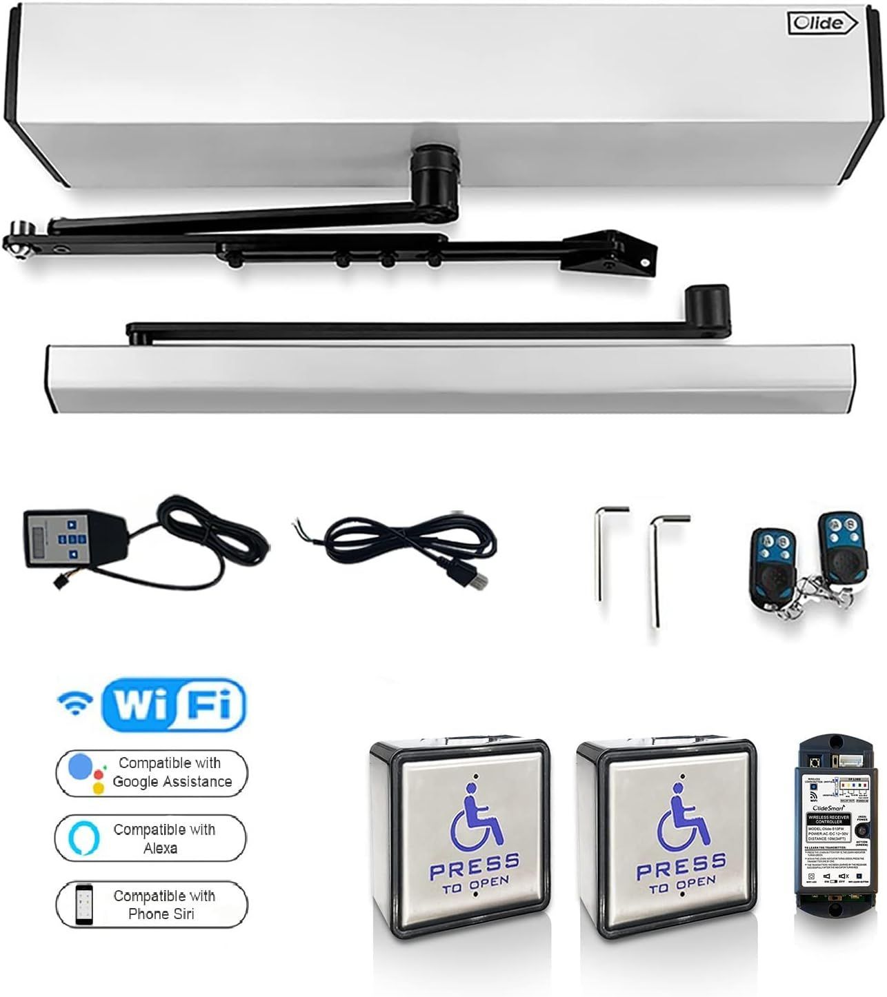 Automatic door opener kit with arm, control panel, push buttons, remotes, and Wi-Fi features.