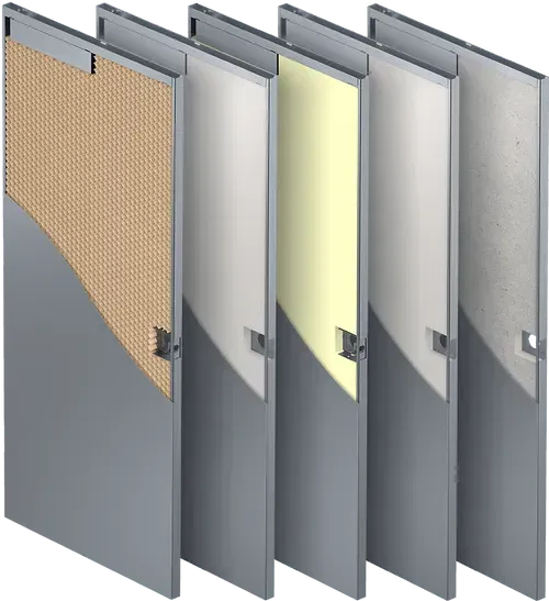 Exploded view of a layered wall panel system; shows layers of insulation, finishes, and metal framework.