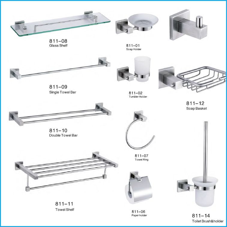 Bathroom accessories: towel bars, soap dish, glass shelf, toothbrush holder, and toilet paper holder.