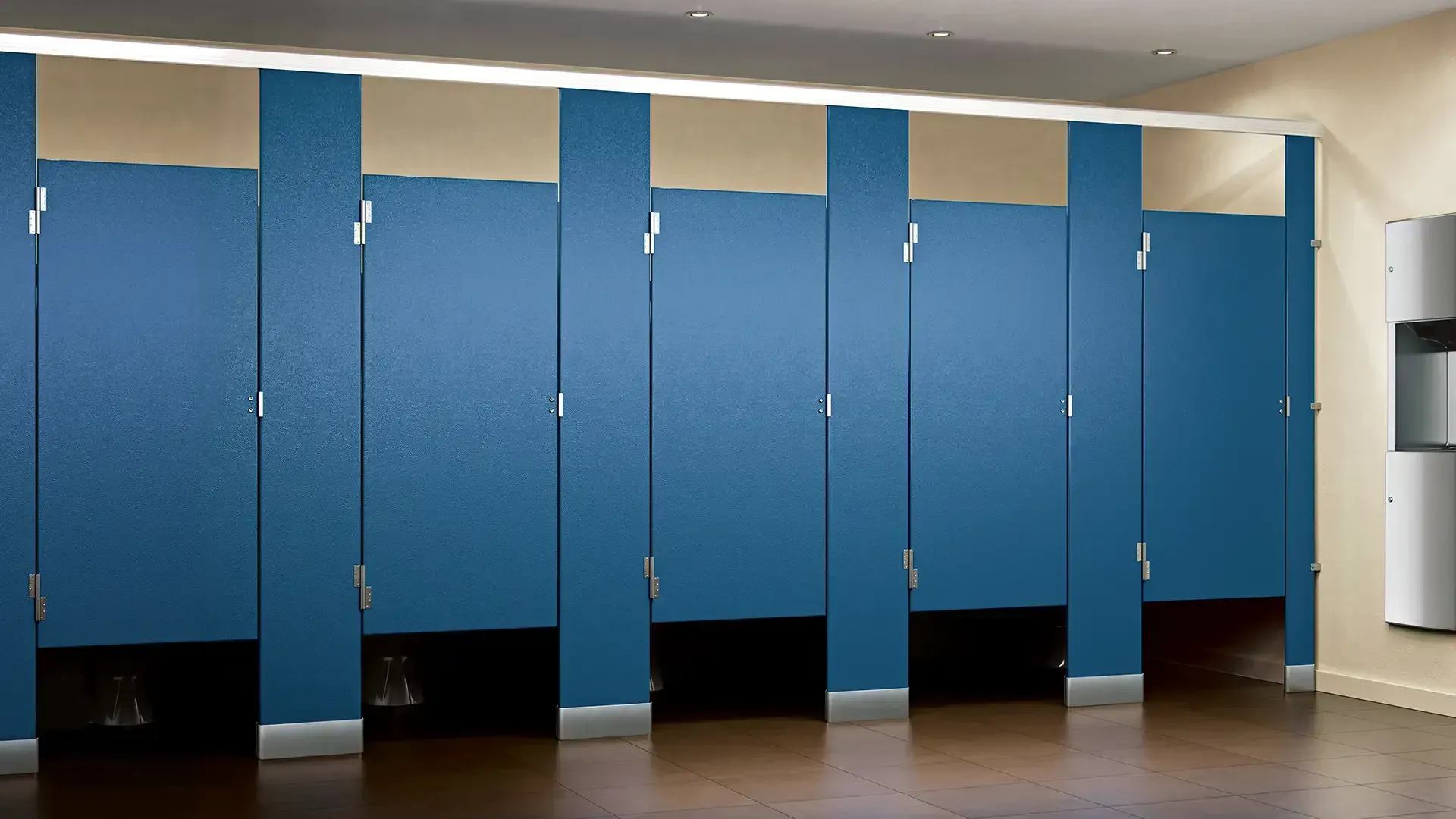 Restroom stalls / accessories with silver hardware