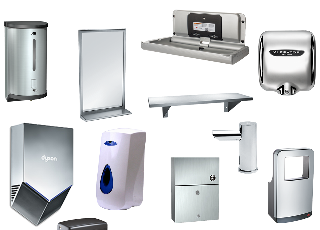 Various restroom fixtures: soap dispensers, hand dryers, a baby changing station, a paper towel dispenser, and a trash can.