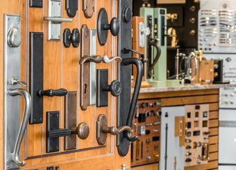 Door hardware samples displayed. Various styles and finishes are showcased.