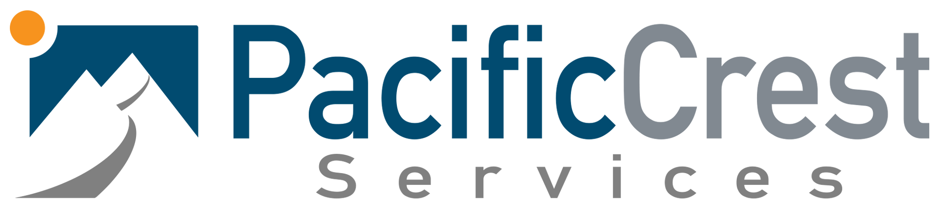 A logo for pacific crest services with a mountain in the background