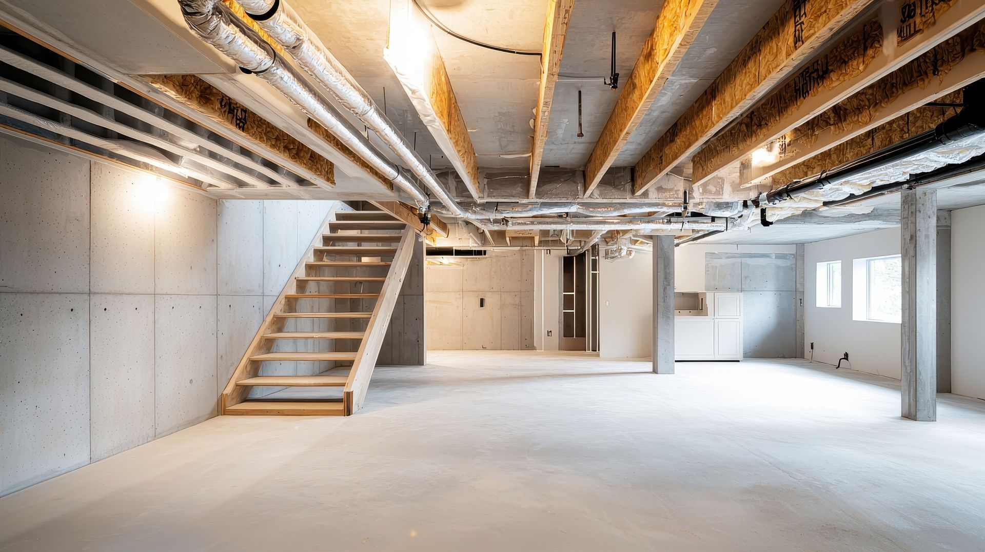 Intérieur de sous-sol non aménagé avec poutres apparentes au plafond, murs en béton, escalier et fenêtres