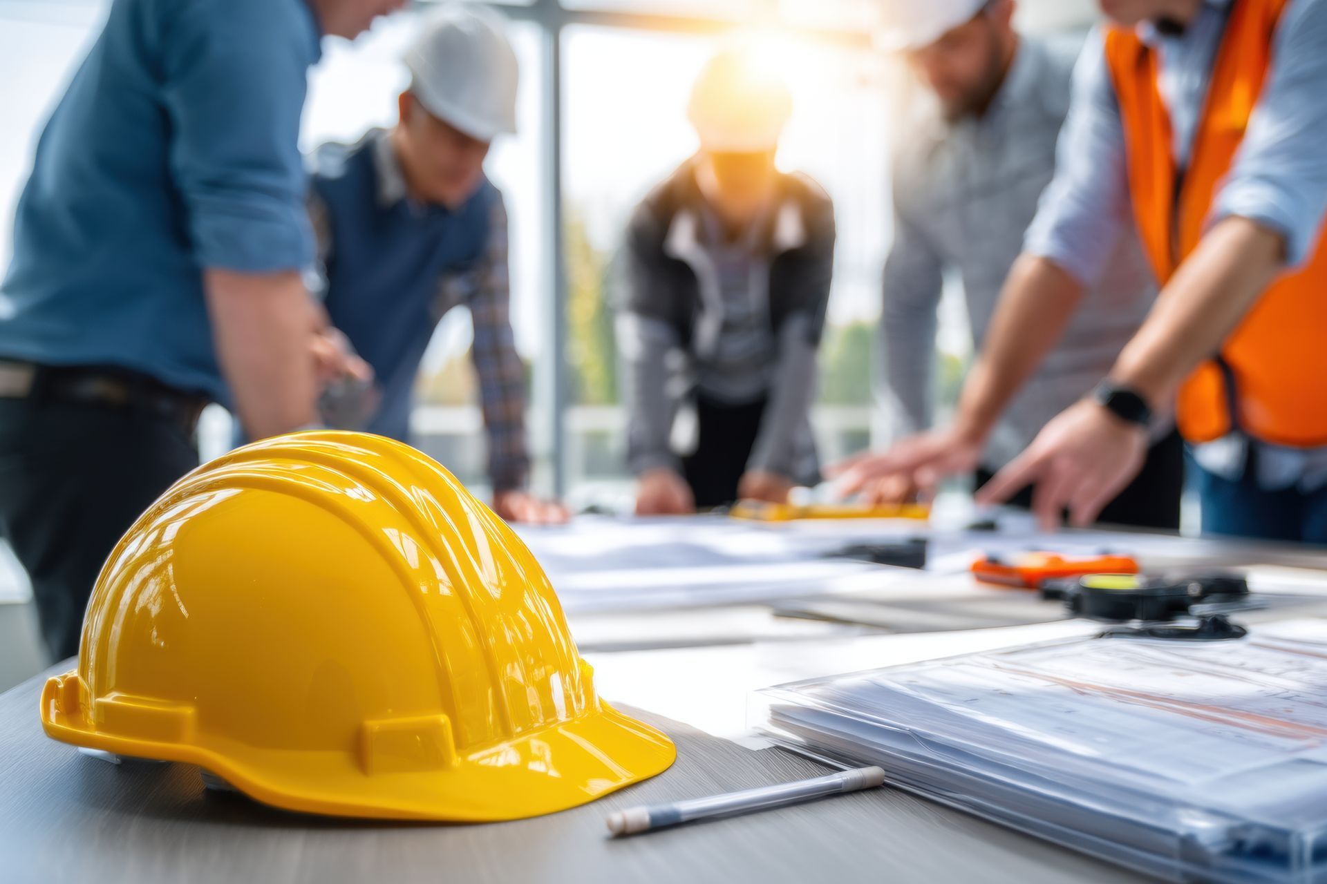 Casque de chantier jaune sur les plans de construction, avec des ouvriers examinant les dessins en arrière-plan.