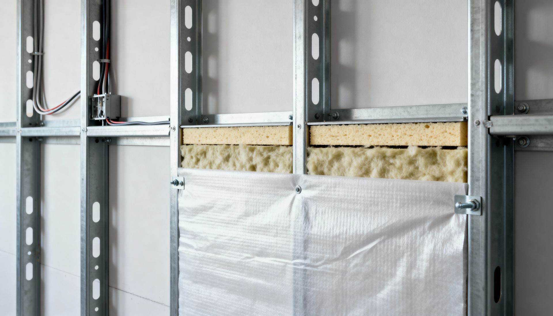 Ossature métallique de mur avec isolation et revêtement blanc sur un chantier de construction