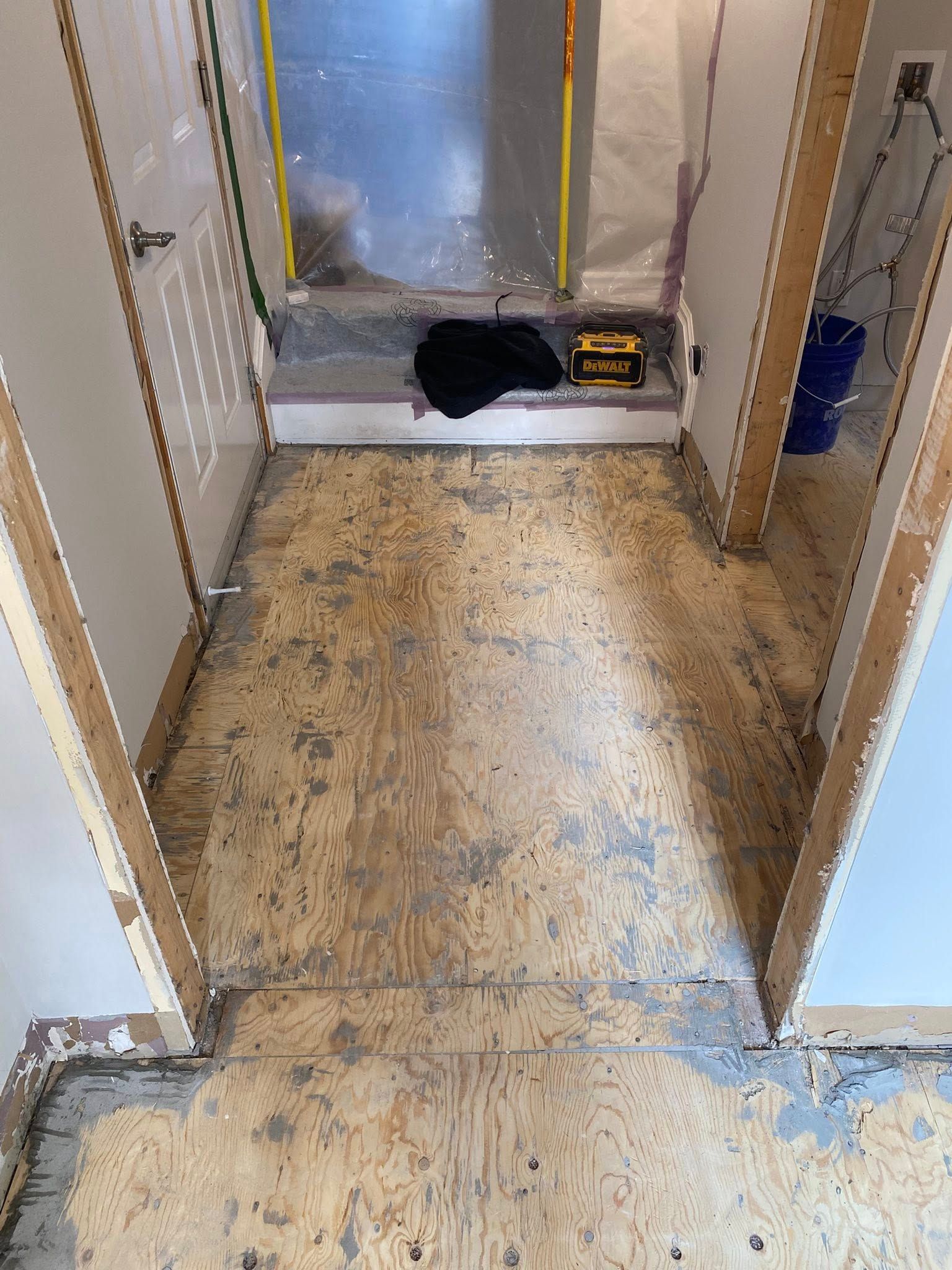 Couloir étroit au sol usé, menant à une porte sur le seuil de laquelle se trouve un chat noir.