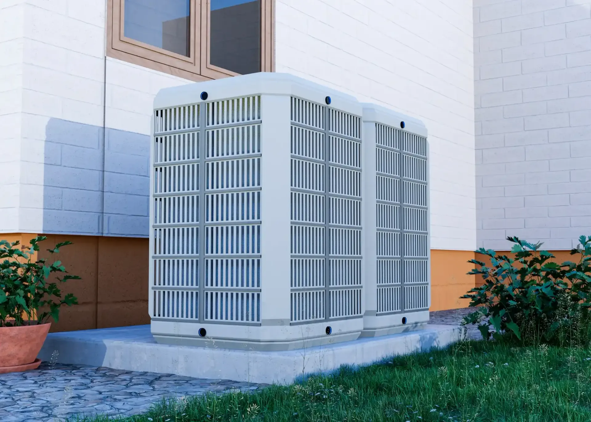 Outdoor HVAC unit beside a white house with beige trim and green shrubs