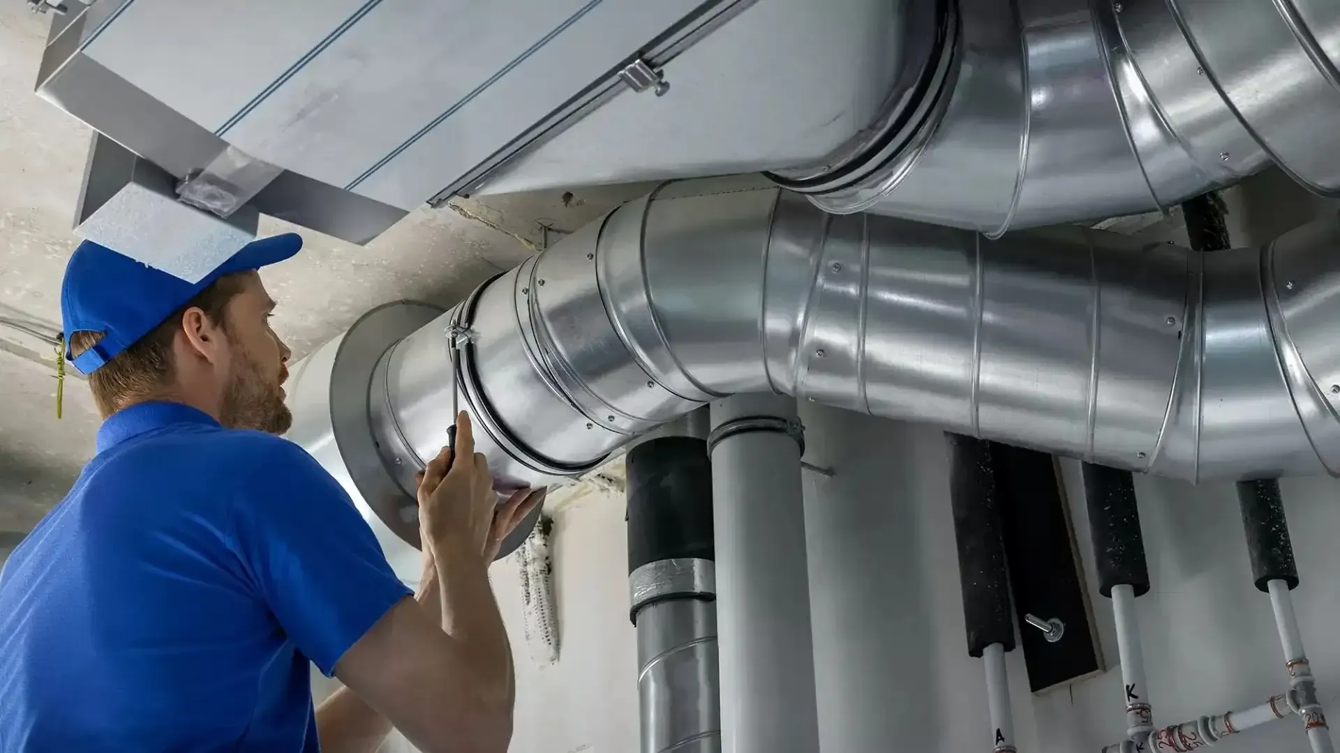 A person in blue shirt and cap working on HVAC ductwork in a building.