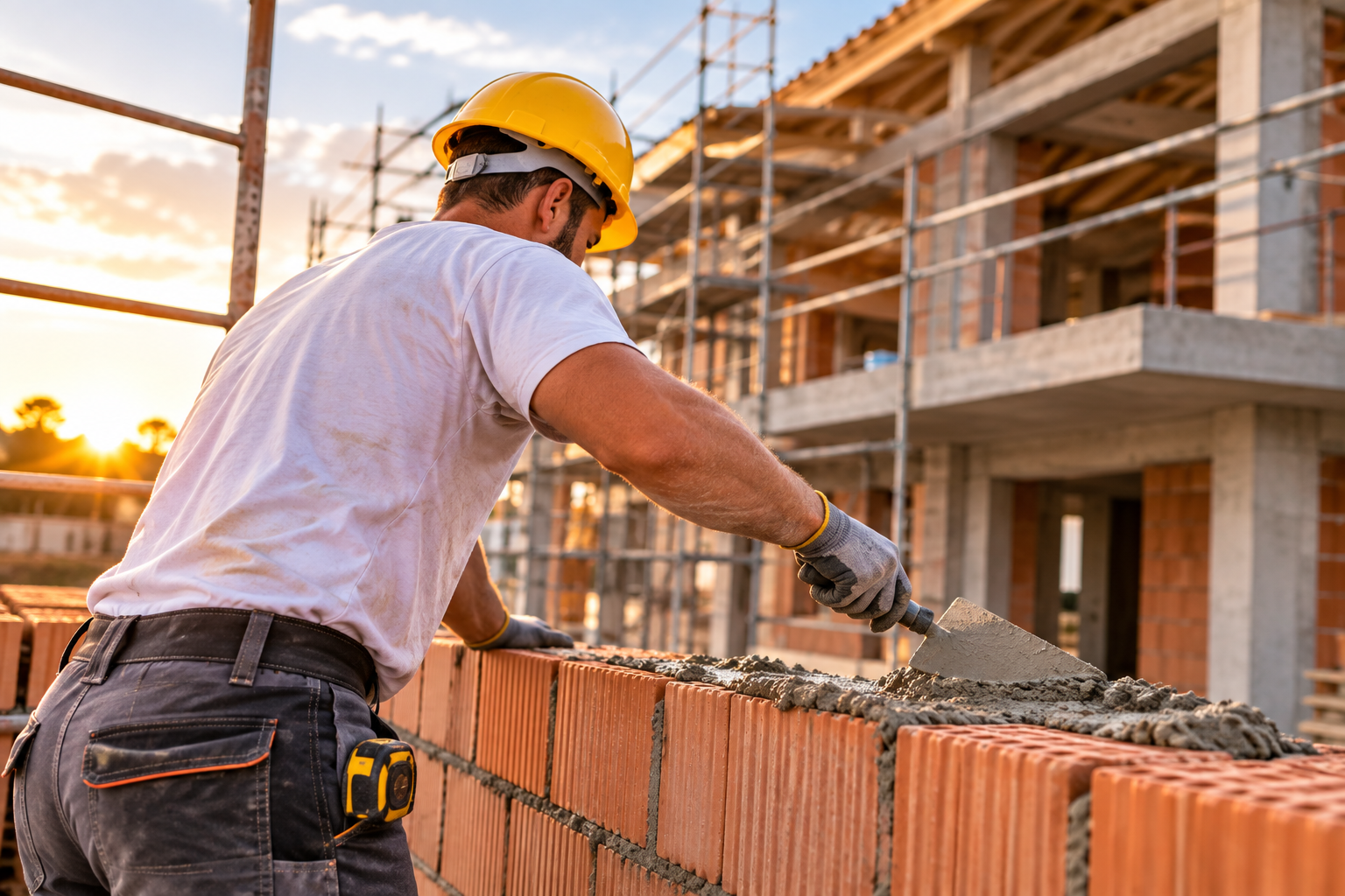 Un operaio edile posa mattoni su un muro in un cantiere al tramonto.