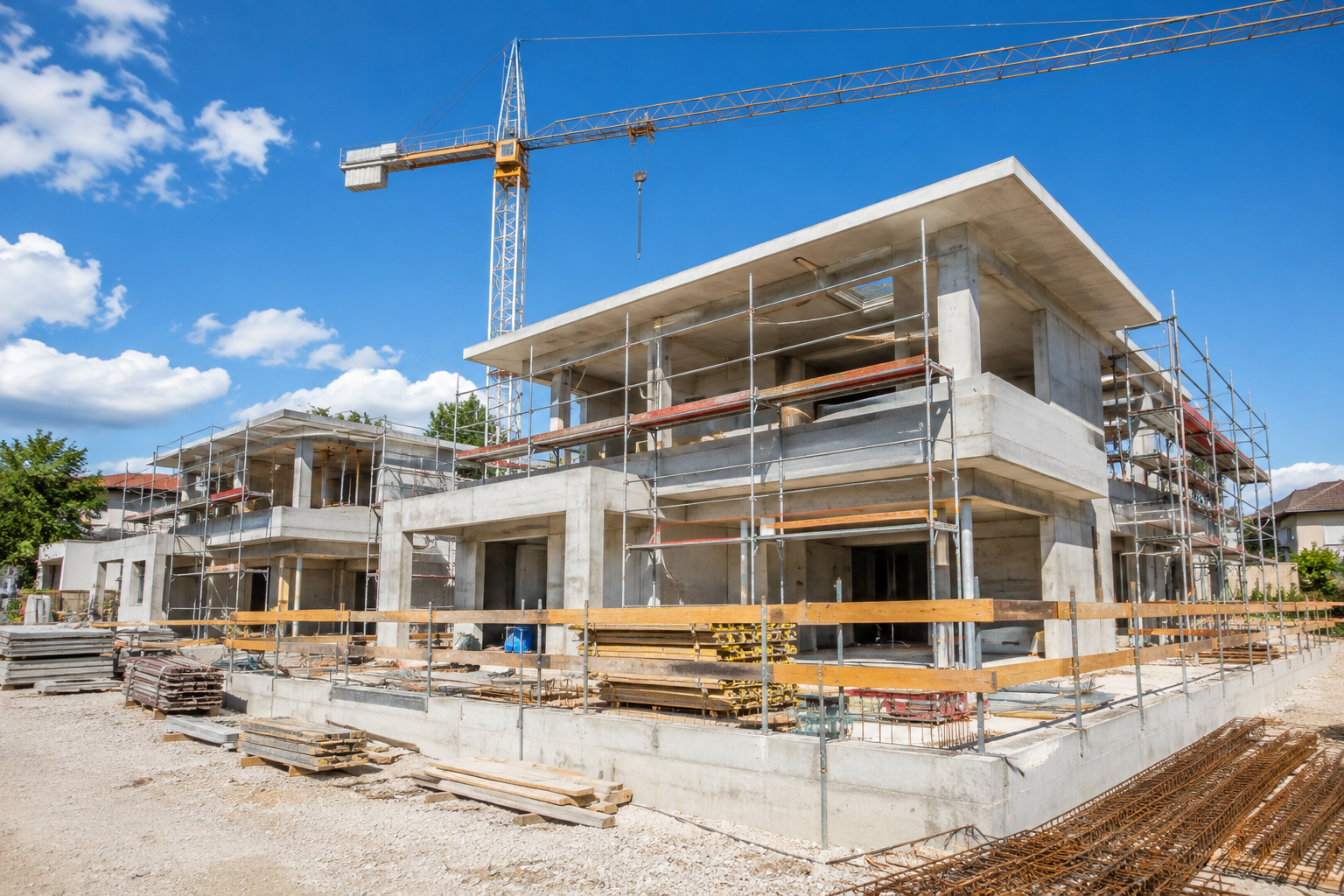Grande casa moderna in costruzione con impalcature e gru in una giornata di sole