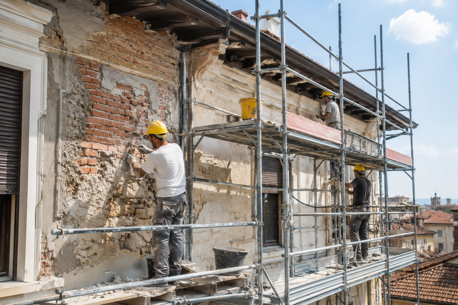 Operai intenti a riparare la parete esterna di un edificio su un'impalcatura.