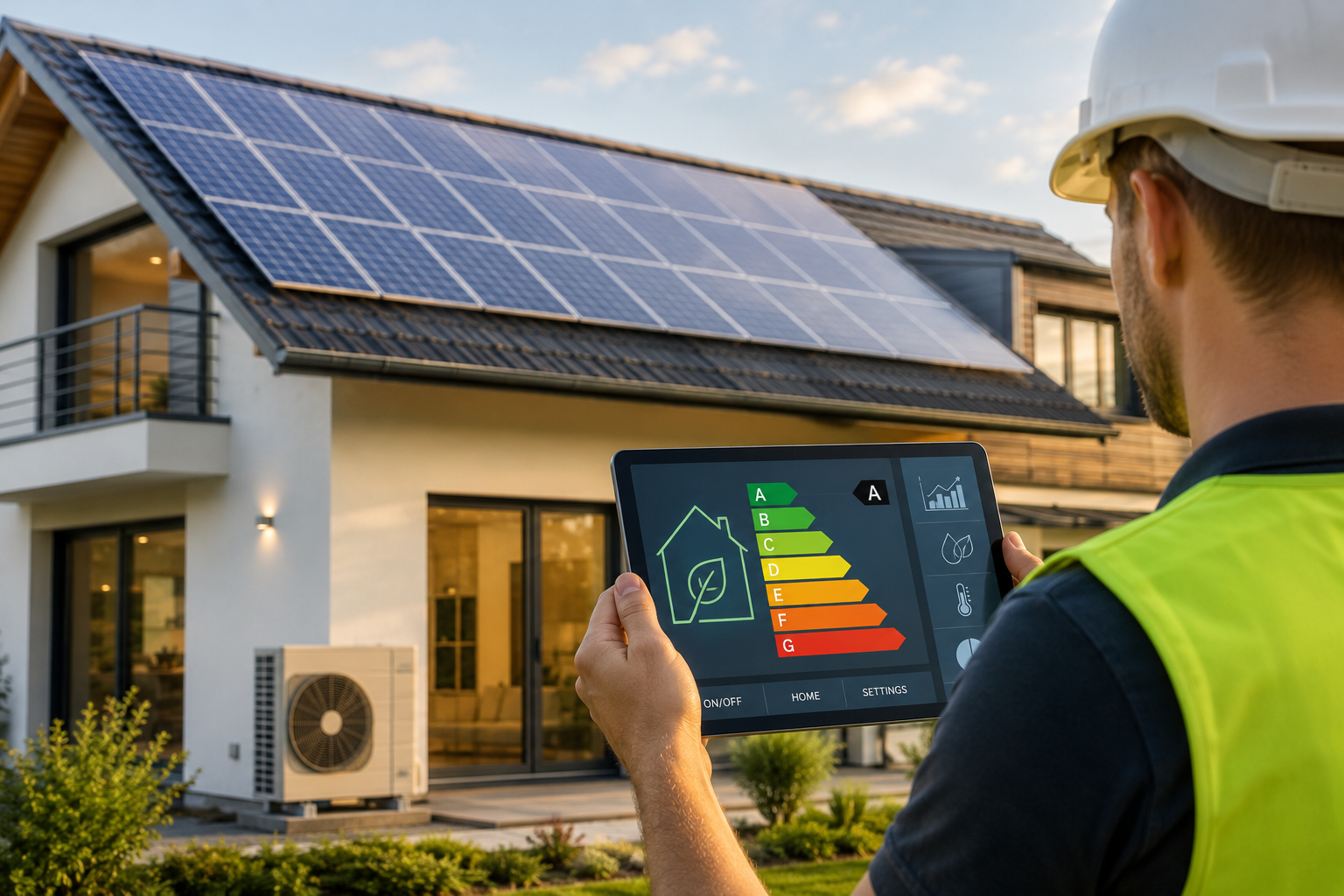 Tecnico che controlla i pannelli solari su una casa con un tablet che mostra i dati relativi al consumo energetico.