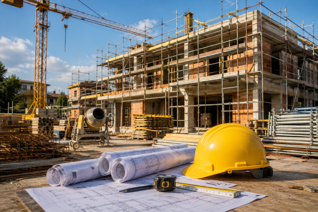 Cantiere edile con gru, impalcature, progetti arrotolati e un elmetto giallo in primo piano.
