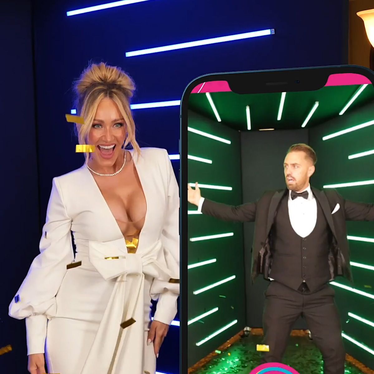 A person in a white dress stands next to a large phone screen displaying a person in a tuxedo inside a neon-lit booth.