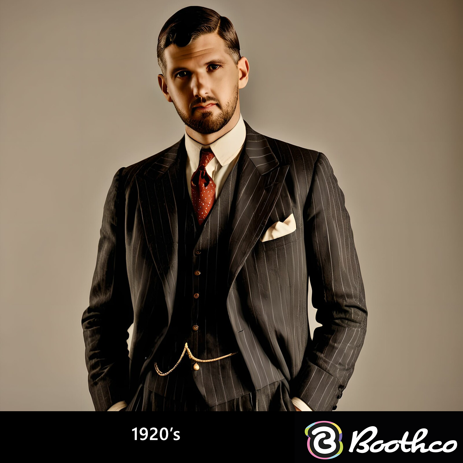 A person in a 1920s-style pinstriped suit, vest, and tie poses against a neutral backdrop with a pocket watch chain.