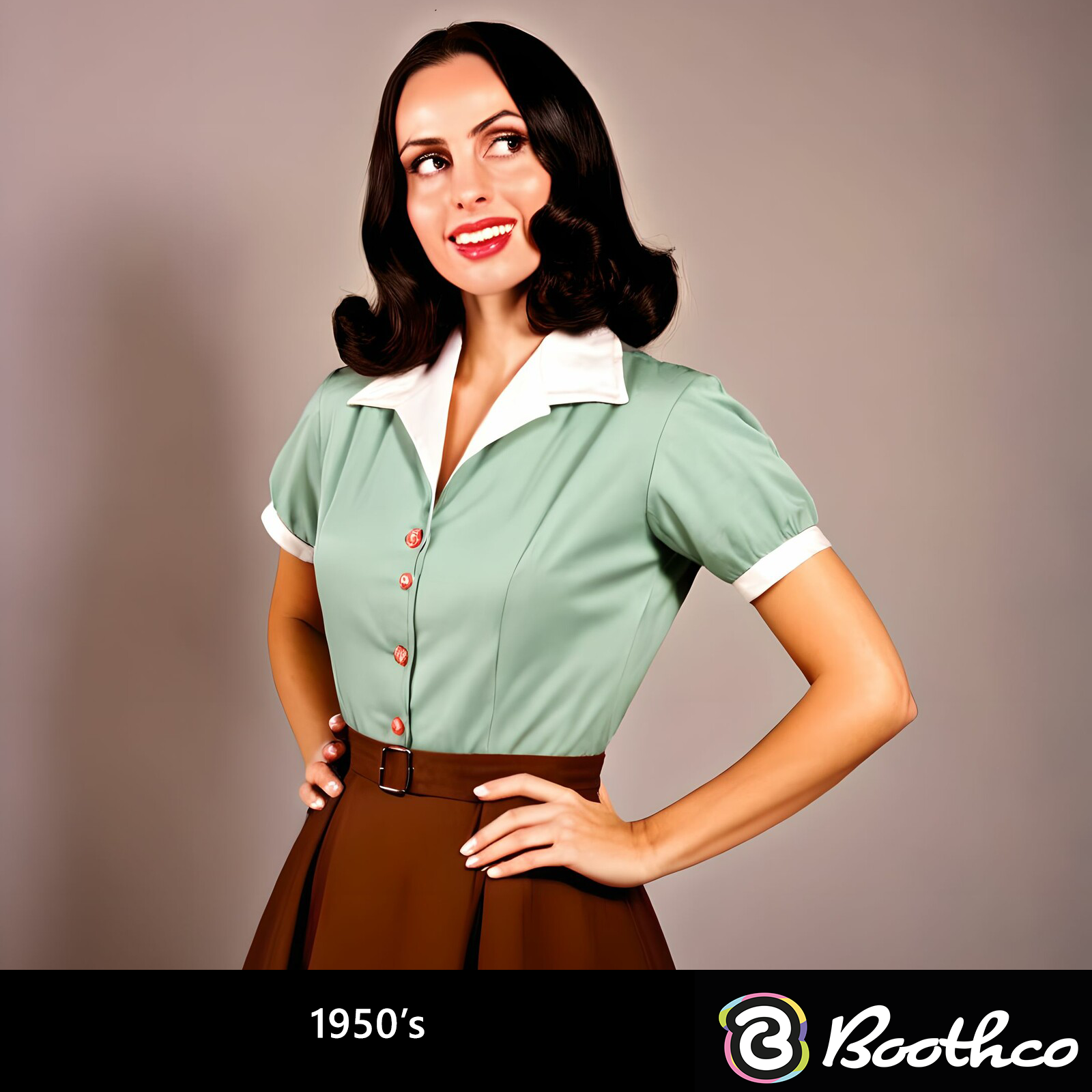 A woman with dark wavy hair wears a mint green shirt with a white collar and a brown skirt, smiling against a gray backdrop.