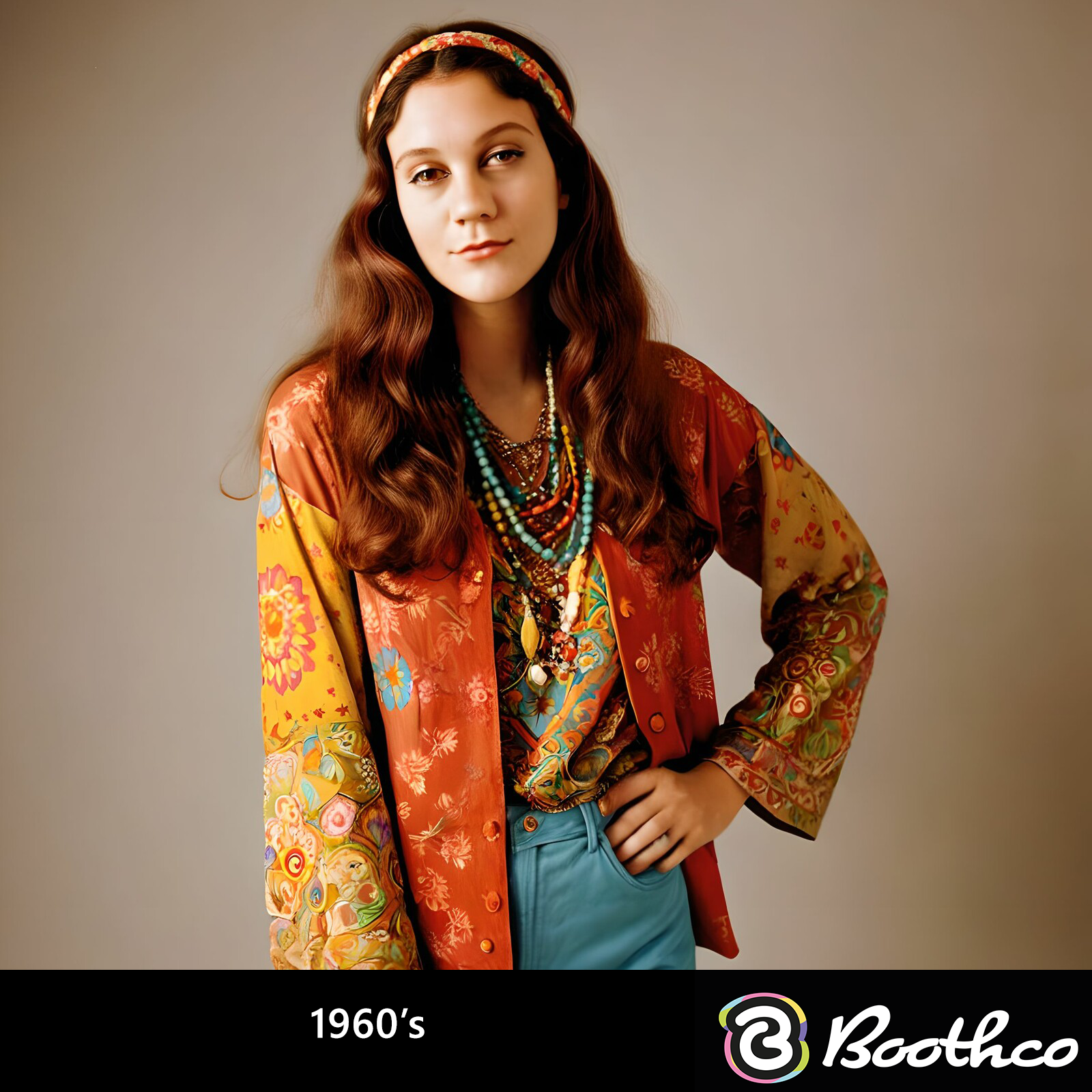 A person in 1960s-style patterned clothing, a headband, and layered necklaces stands against a neutral backdrop.