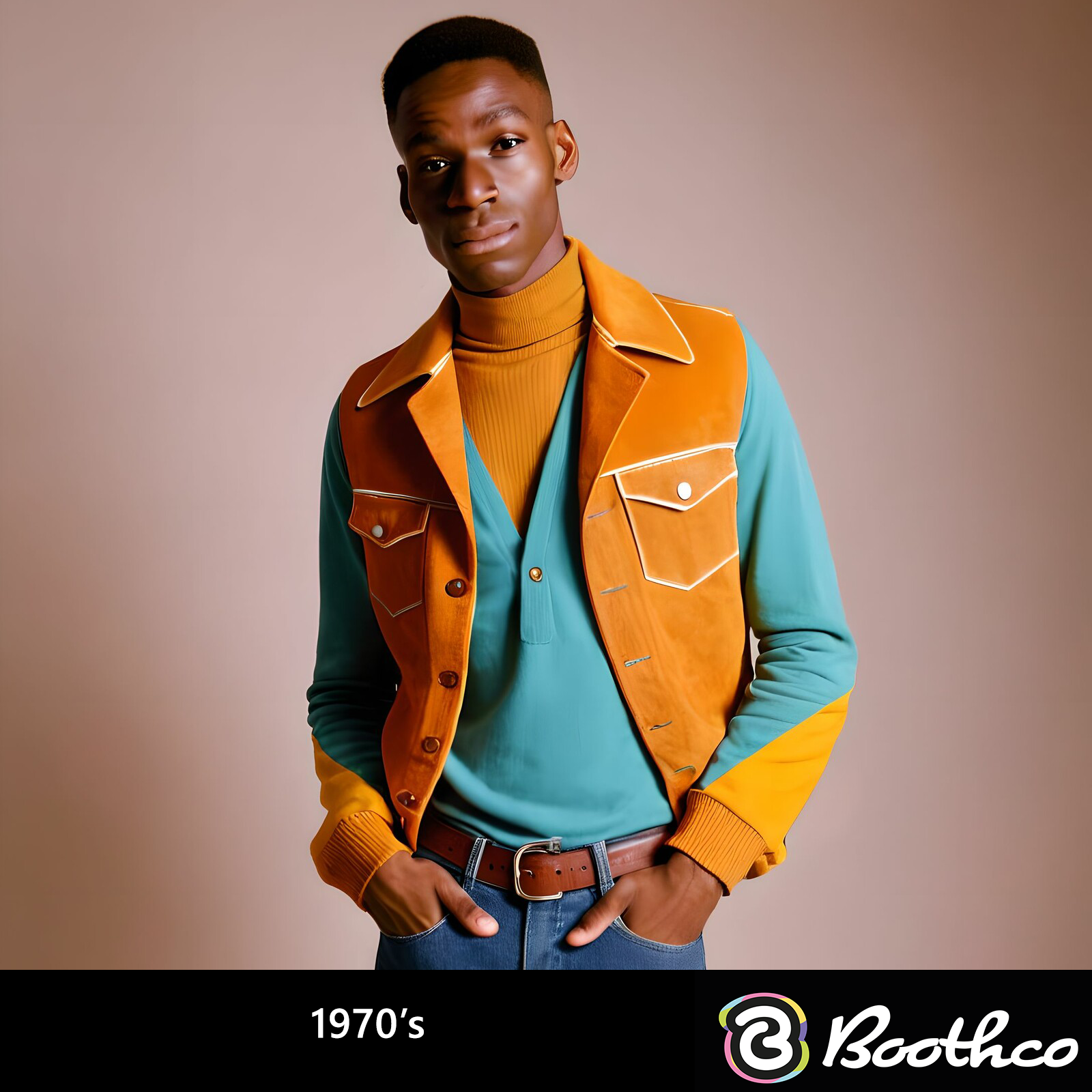 A person wearing a 1970s-style mustard corduroy vest over a teal polo and turtleneck against a tan background.