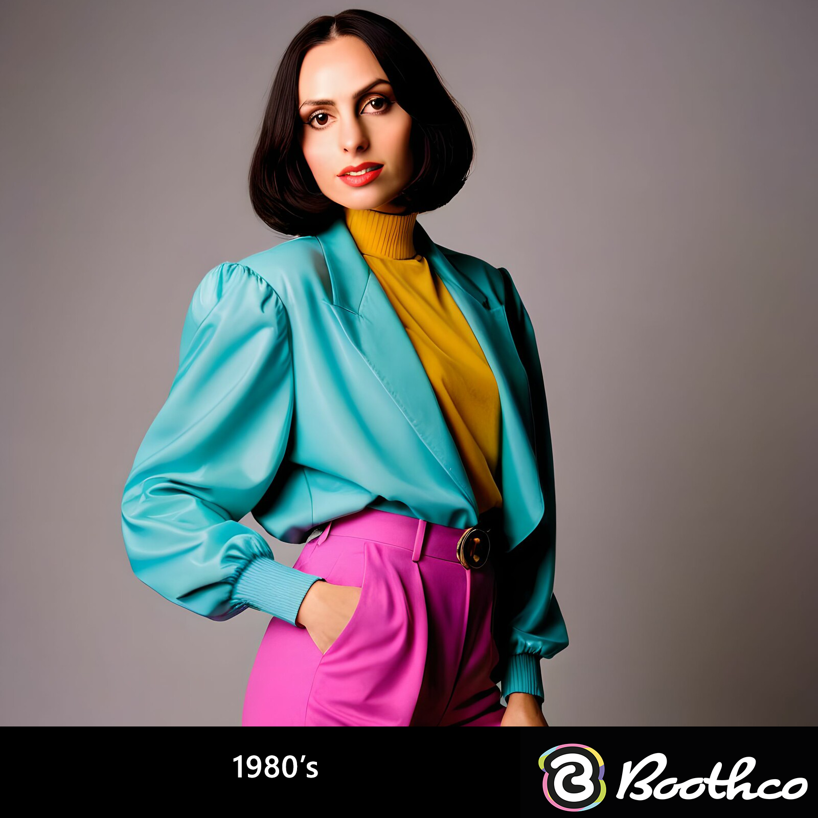 A person wearing a bright turquoise jacket, mustard-yellow top, and pink trousers poses against a plain gray background.