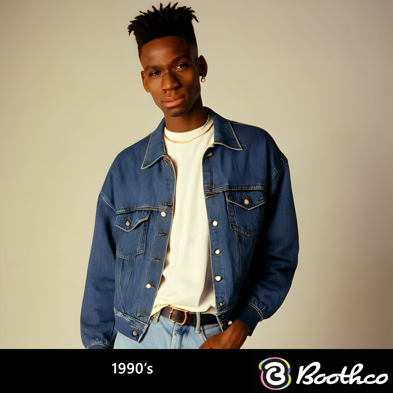 A person in a denim jacket and white shirt poses against a neutral backdrop, labeled 