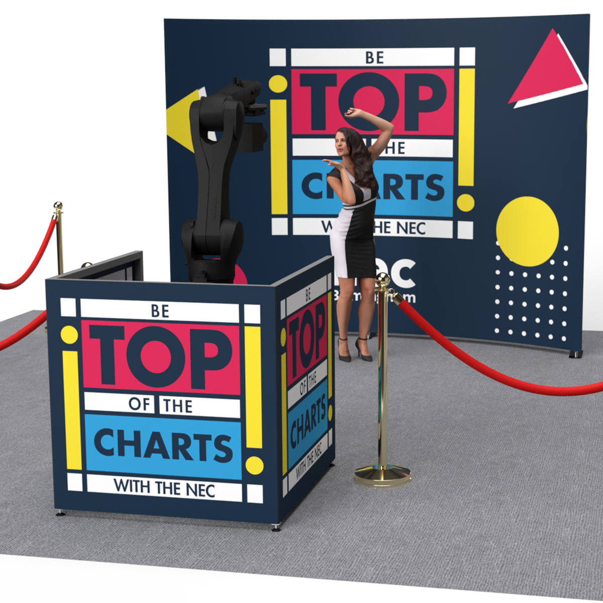 A woman poses in front of a backdrop featuring a robotic camera arm booth, branded with