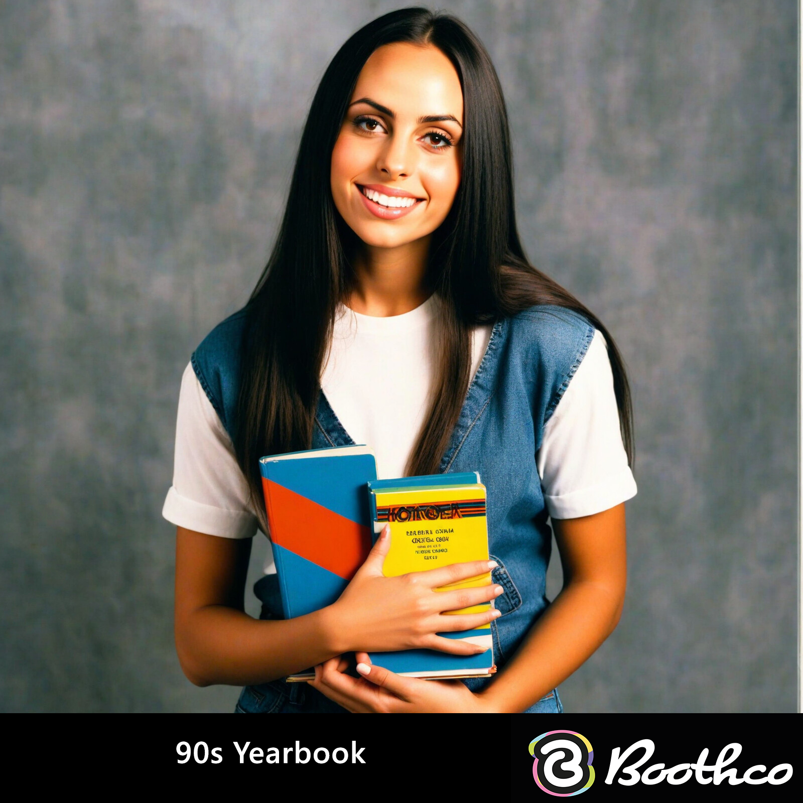 A person smiling while holding two books against a mottled grey background, styled like a 90s yearbook portrait.
