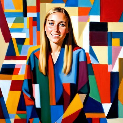 Smiling person with long blonde hair in front of a colorful, geometric abstract painting with bold shapes and colors.