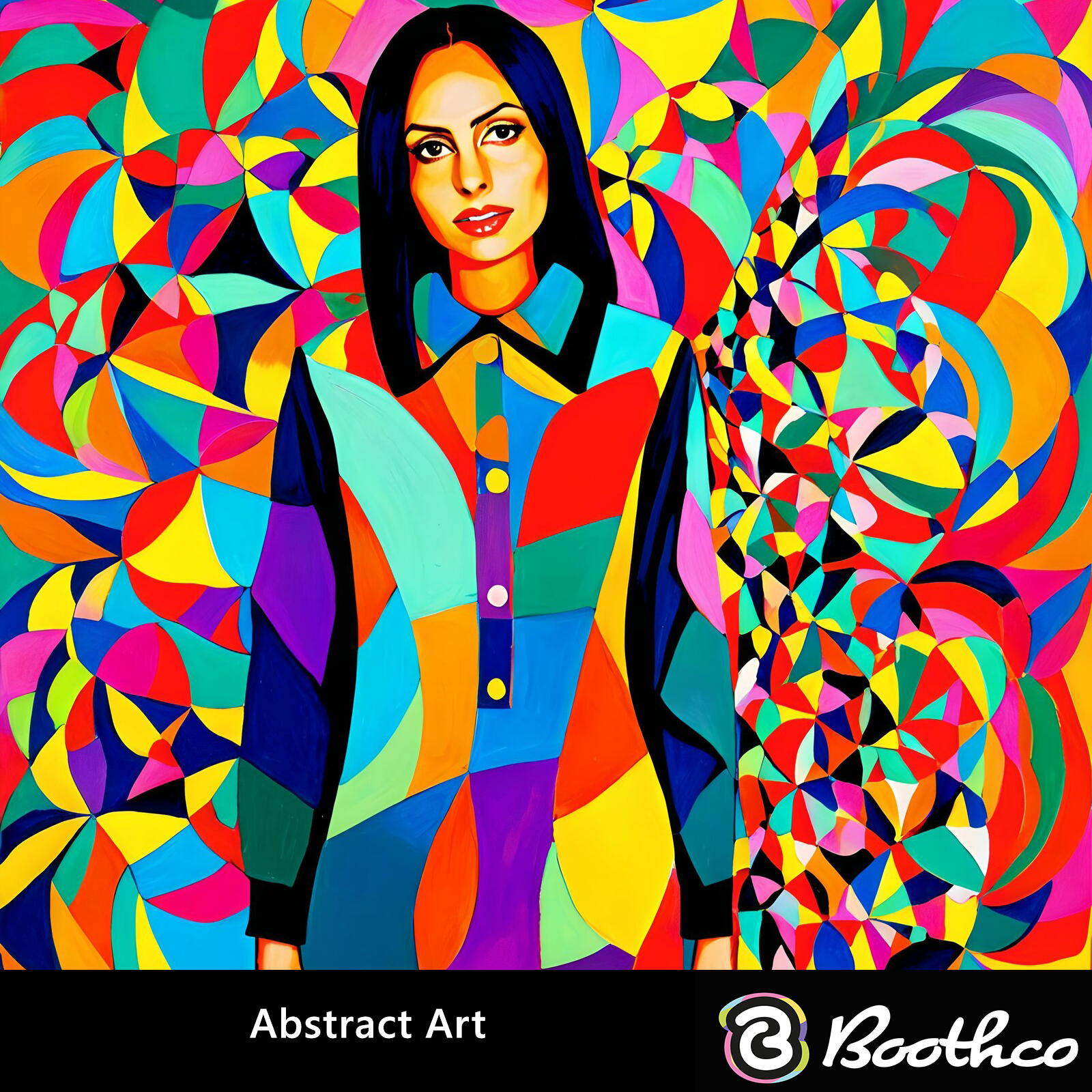 A person with dark hair wears a collared shirt against a vibrant, kaleidoscopic background of colorful geometric shapes.