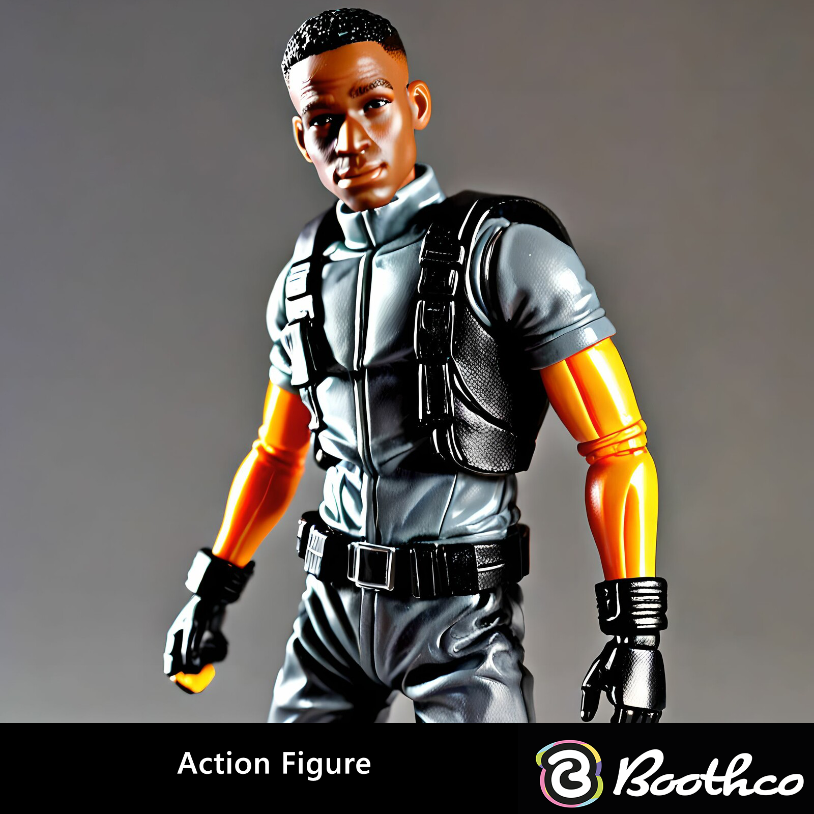 Action figure with a neutral expression, wearing a grey tactical suit, black vest, and belt, with orange arms.