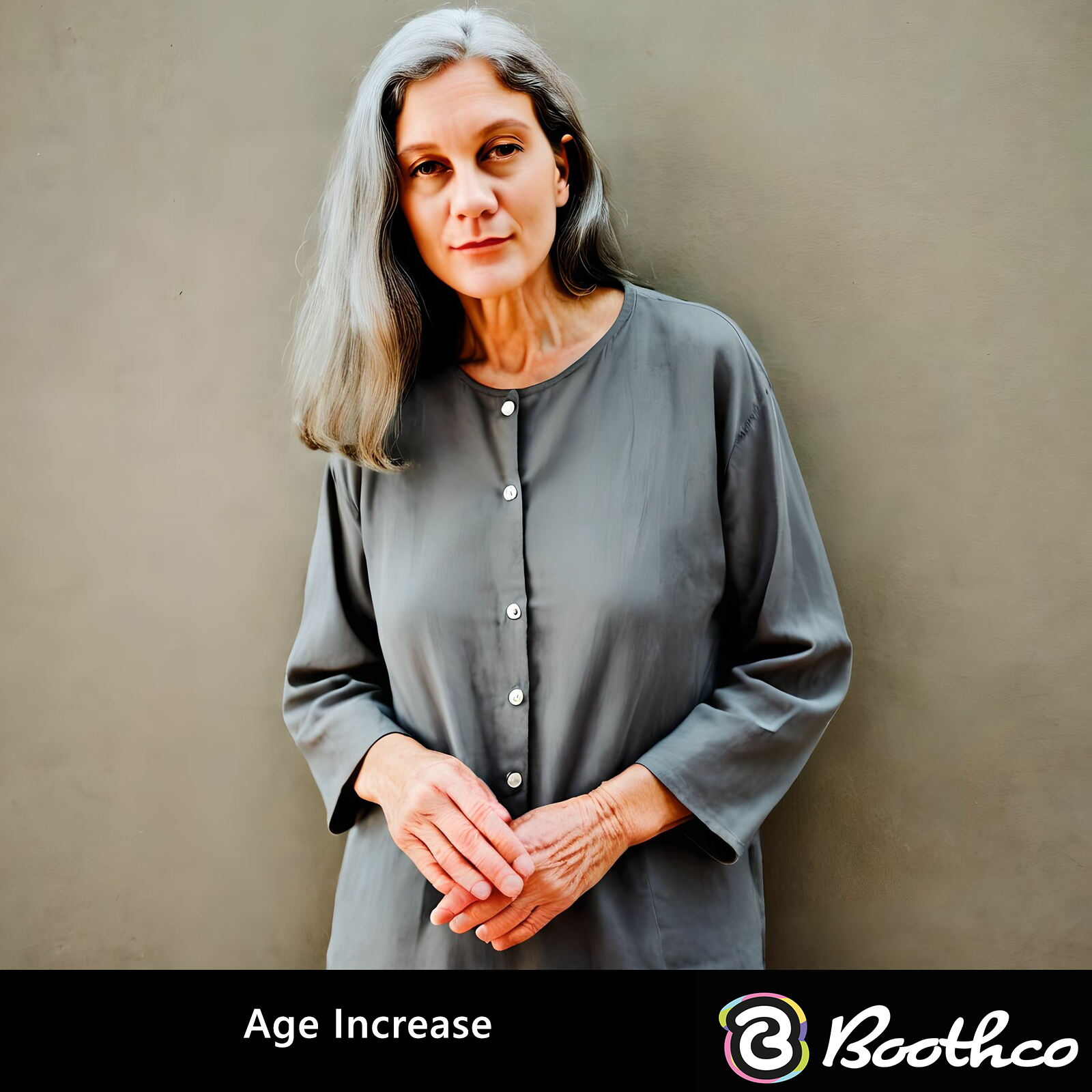 A person with long gray hair wears a gray button-down shirt and poses against a plain, light brown wall.
