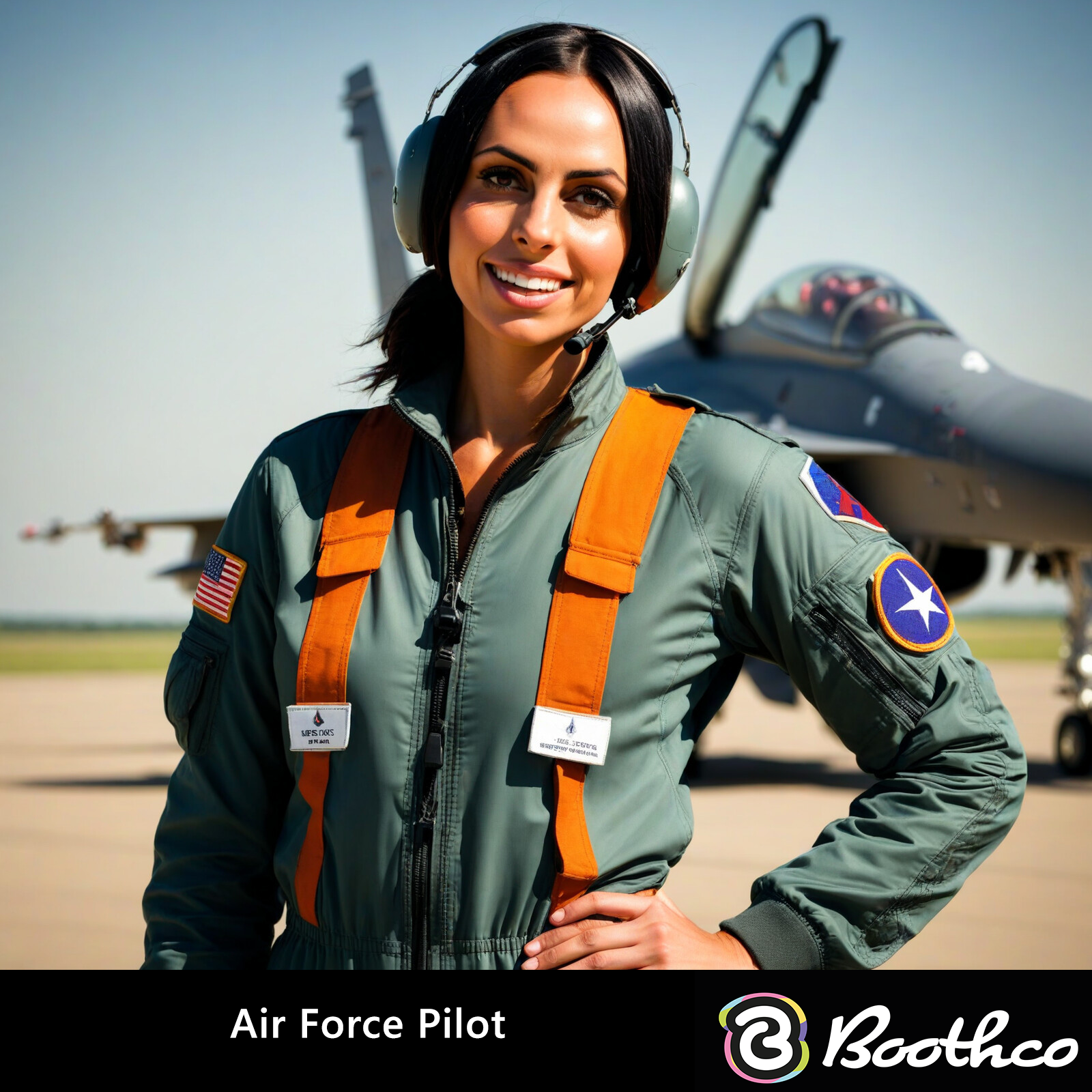 A smiling pilot in a green flight suit and headset stands on an airfield in front of a fighter jet.