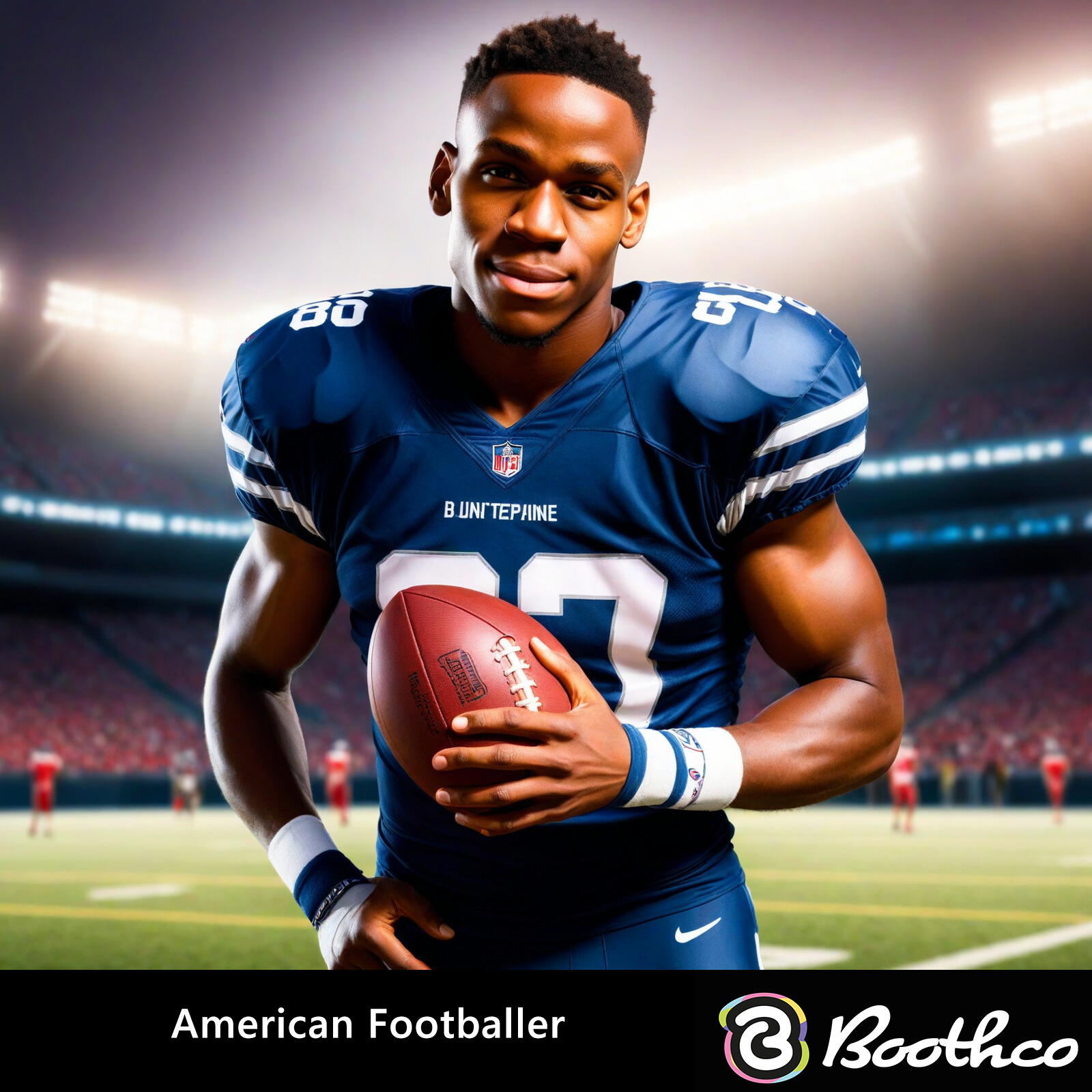 A football player in a blue uniform stands on a field holding a football, with stadium lights in the background.