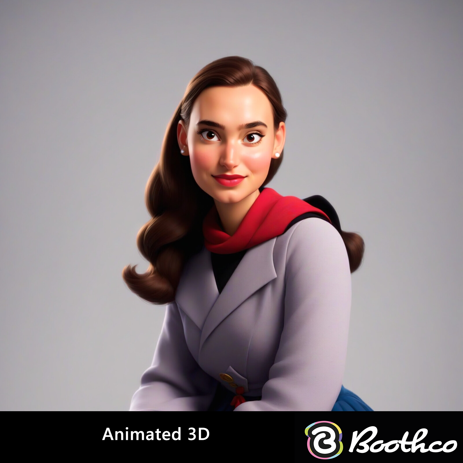 A 3D-animated-style character with wavy brown hair, wearing a red scarf and light purple coat against a gray background.
