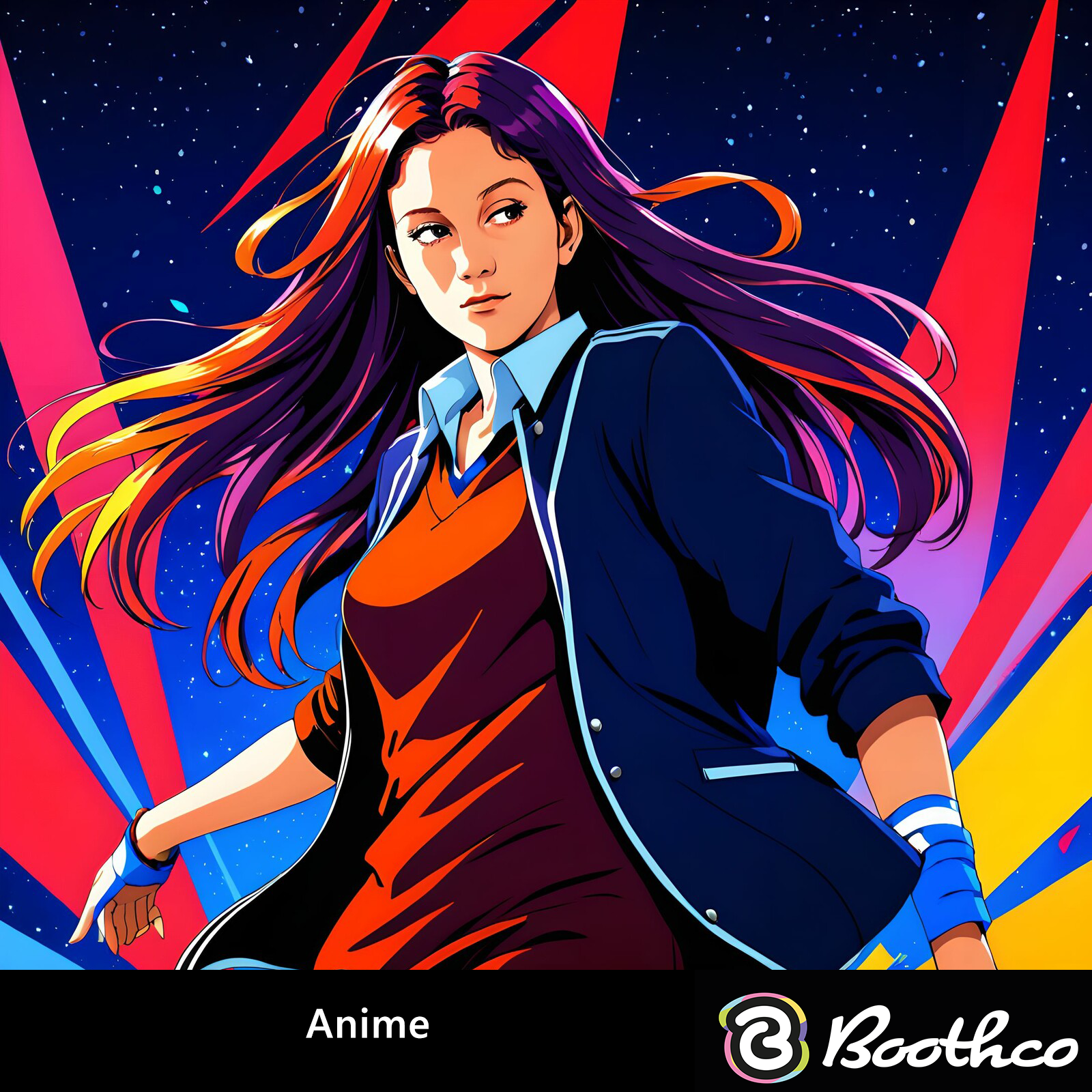 A person with long, flowing hair stands against a vibrant, geometric background of blue, red, and yellow light streaks.